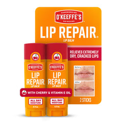 O'Keeffe's front packaging showing twin cherry balm sticks and benefits
