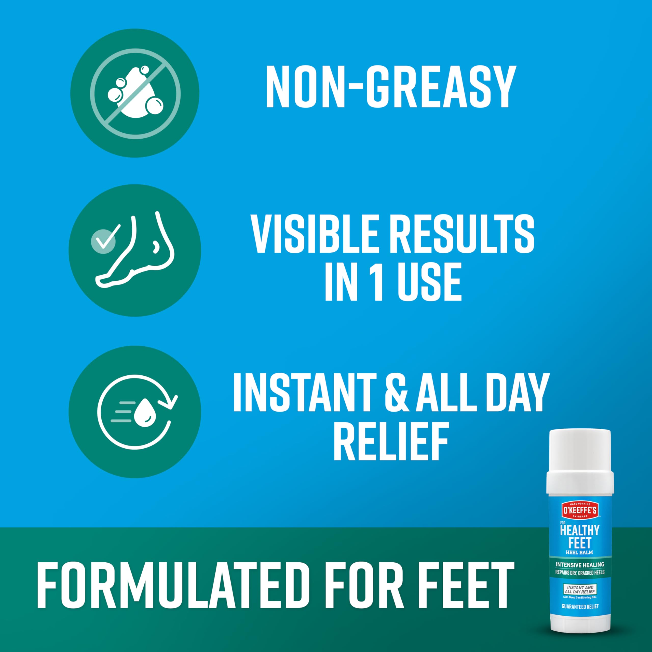 O'Keeffe's pack contents display of balm stick emphasizing convenience and portability