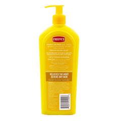 Pump dispensing O'Keeffe's lotion onto hand showing controlled dispense benefit: easy application