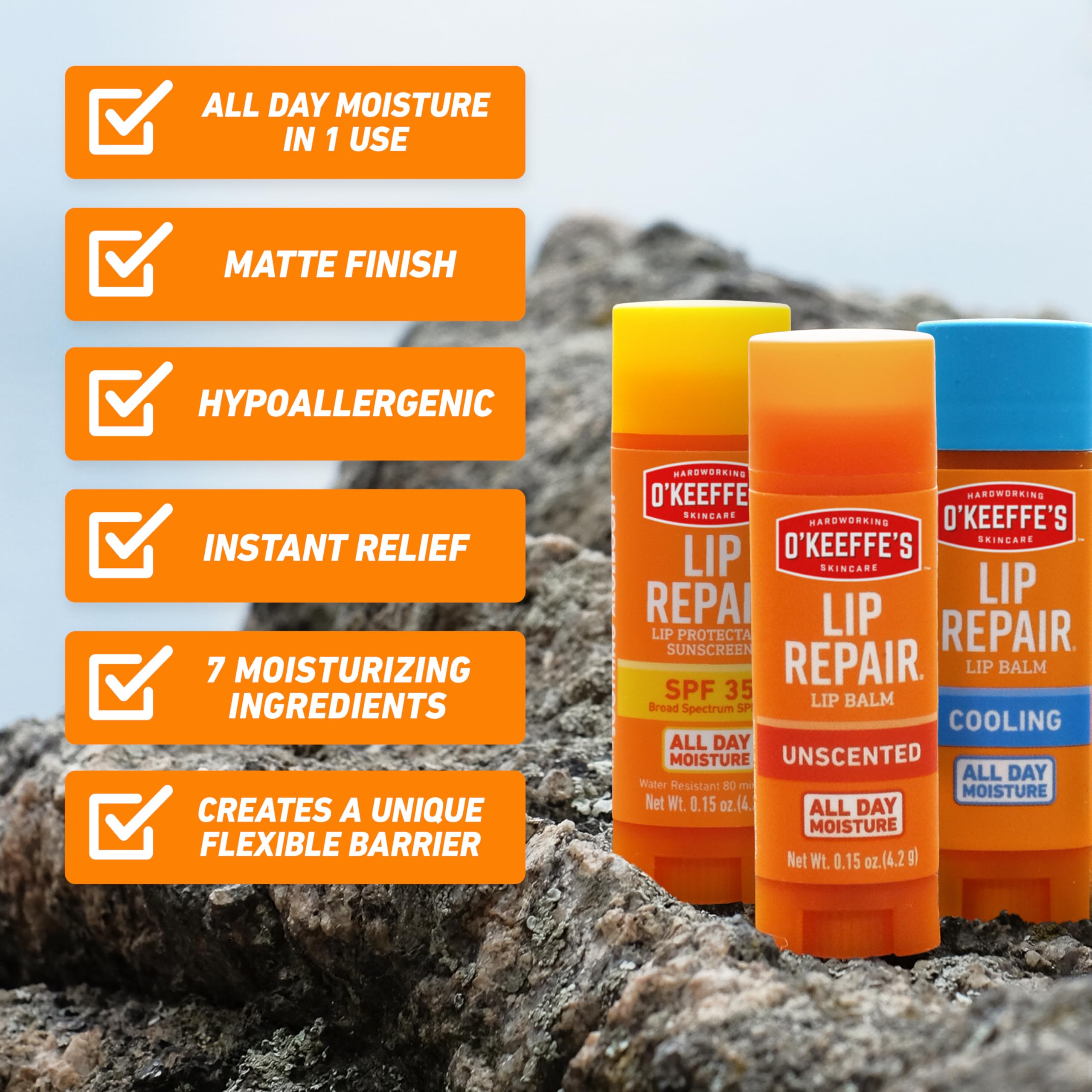 O'Keeffe's Unscented stick angled with cap off, offering fragrance-free hydration