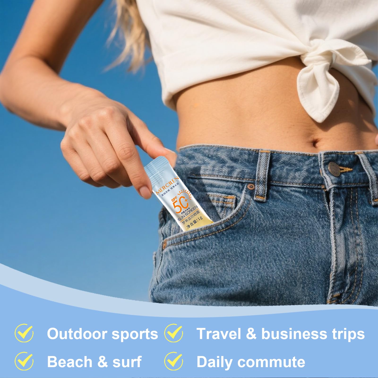 Okerker applying sunscreen to face illustrating lightweight finish benefit
