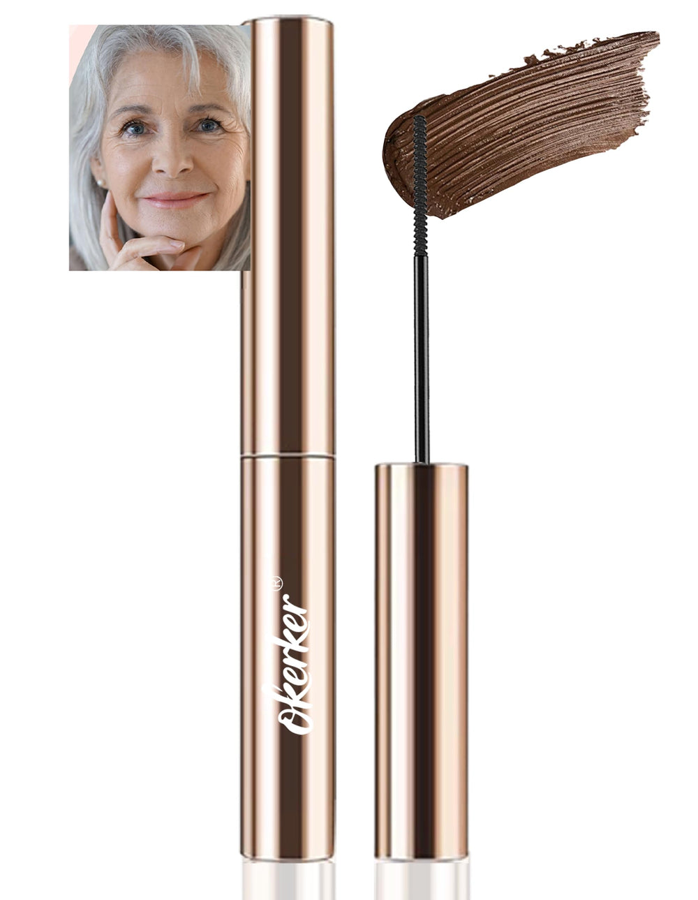 Okerker brown mascara front packaging showing product and brown shade benefit