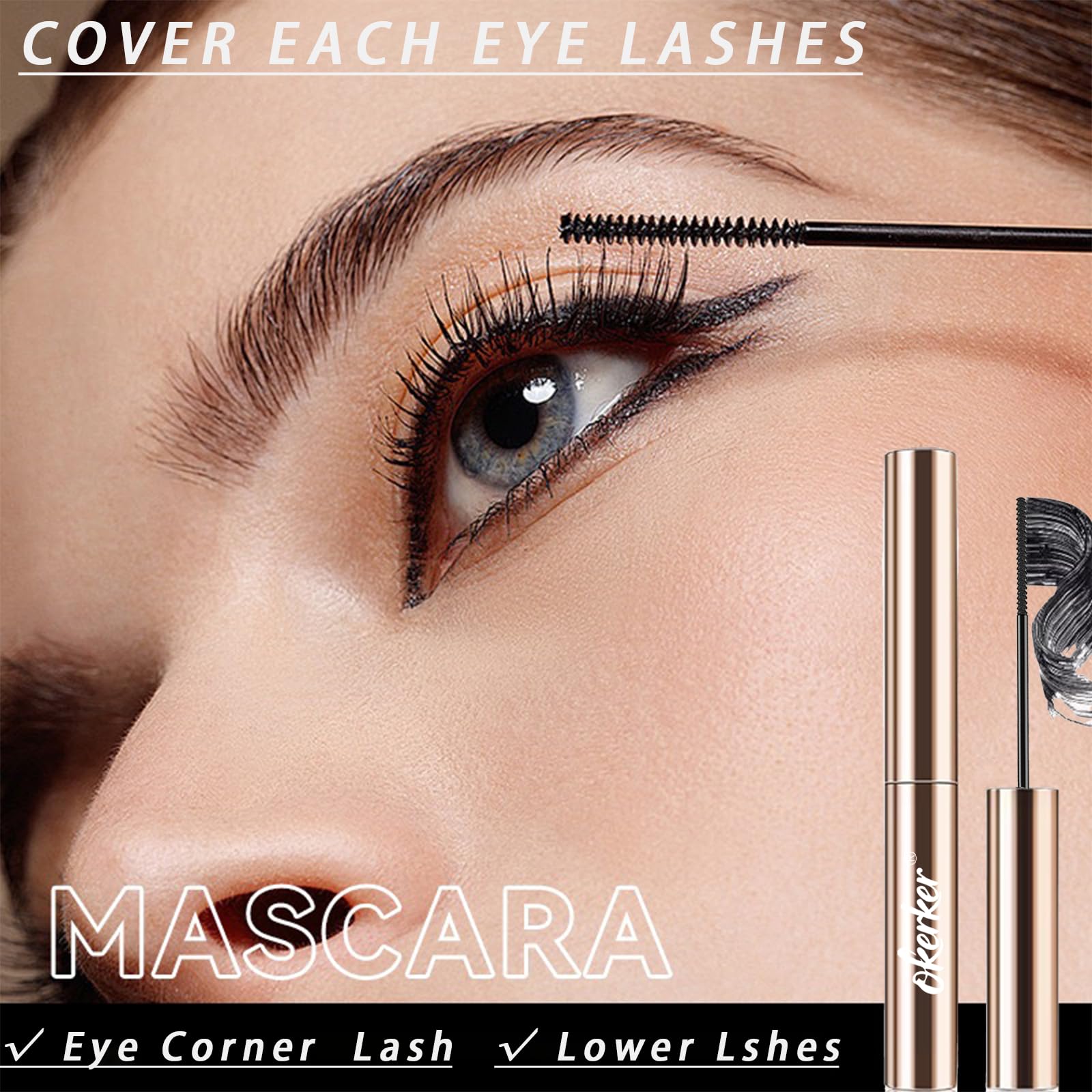 Okerker lifestyle image of woman wearing mascara showing softened eye framing