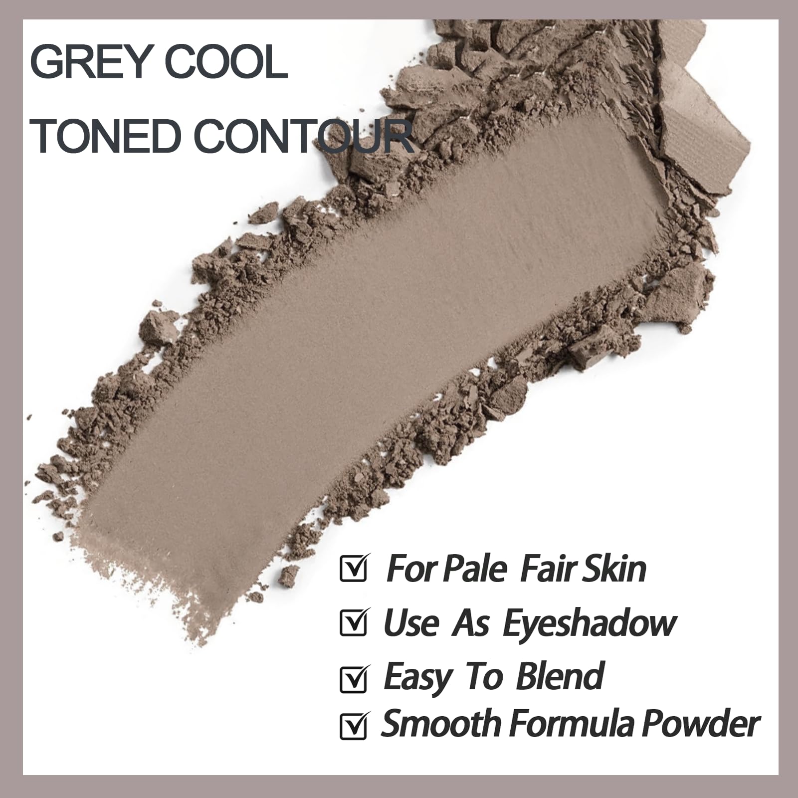 Okerker close-up taupe grey powder pan showing silky texture benefit