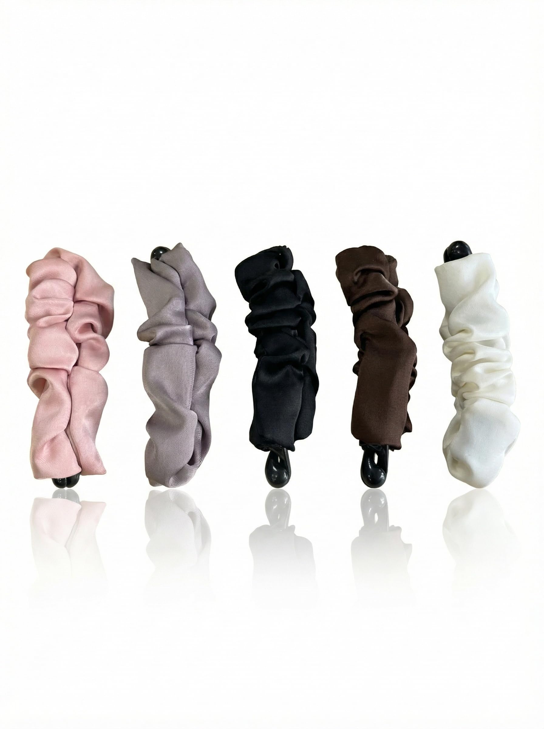 OKKRMGZ front view of five satin banana clips, neat organization and style