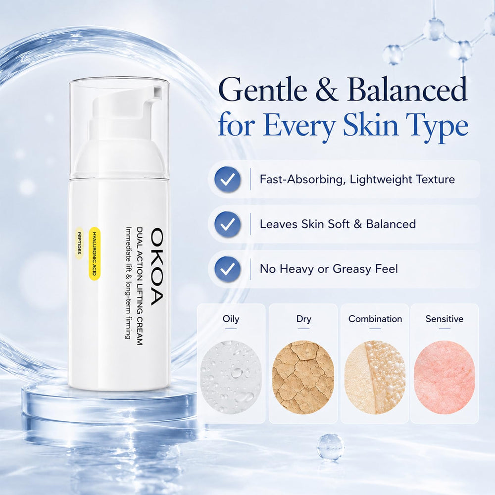 OKOA Cream on bathroom shelf in natural light suggesting daily routine convenience benefit