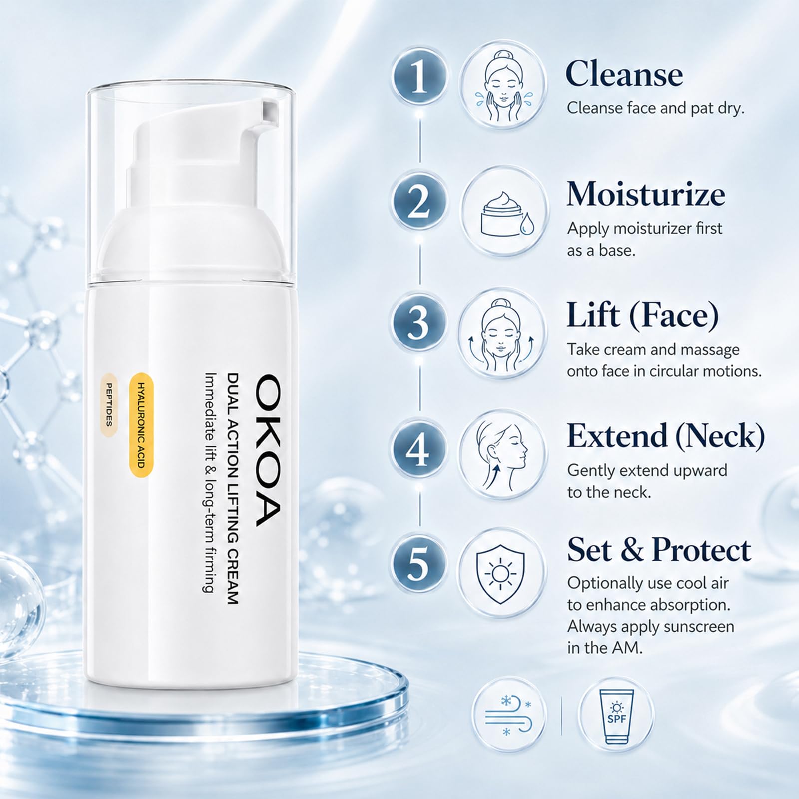 OKOA Cream with hyaluronic visual emphasizing hydration and moisture retention benefit