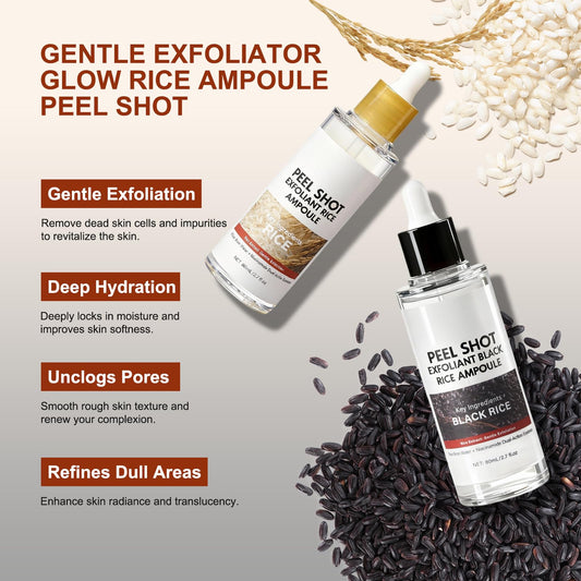 OLACLUK ampoules side by side showing black and white rice formulas for targeted care