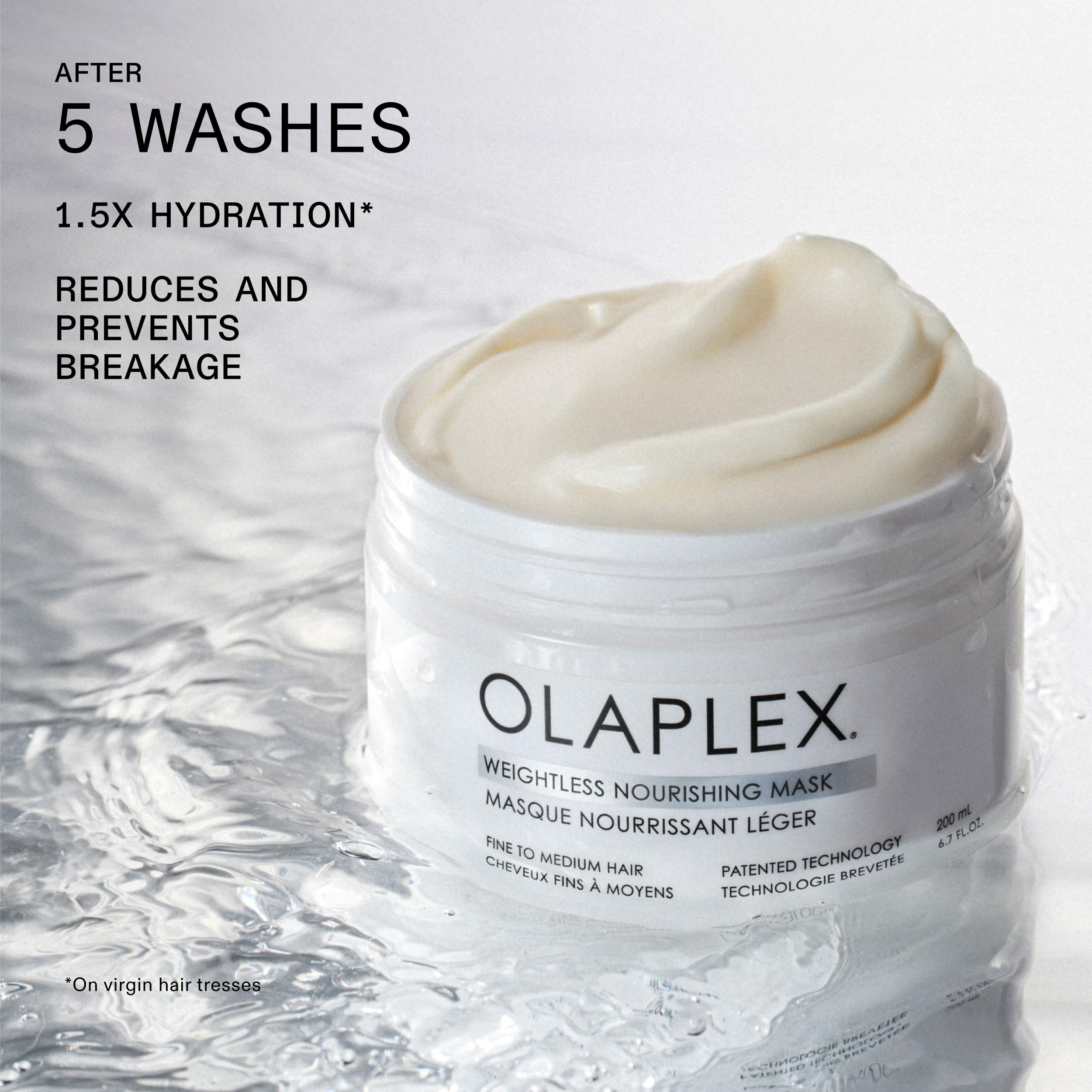 Label detail of Olaplex 200ml jar showing product name and lightweight hydration benefit