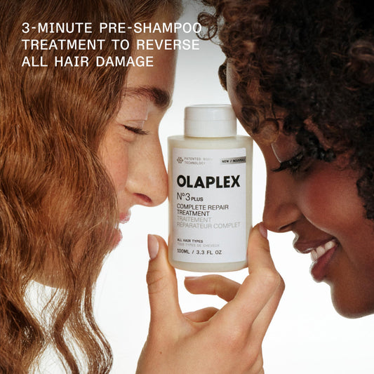 Olaplex N°.3PLUS label close-up highlighting brand and bond-building benefit