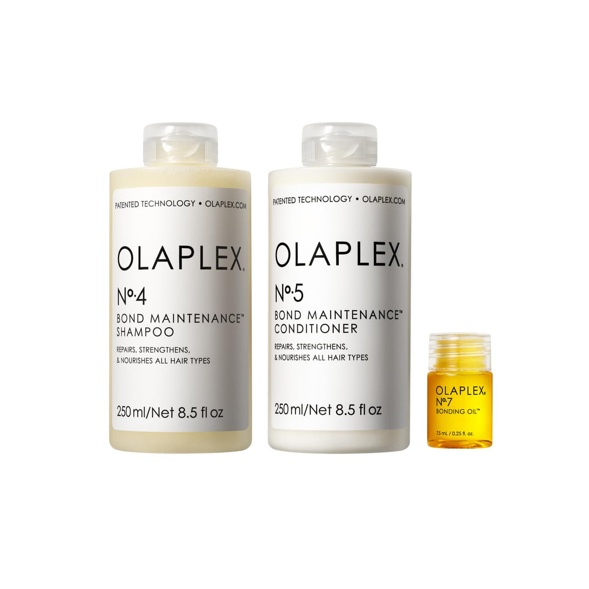 Olaplex front packaging showing No.4 No.5 and No.7 for a complete routine and clear benefits