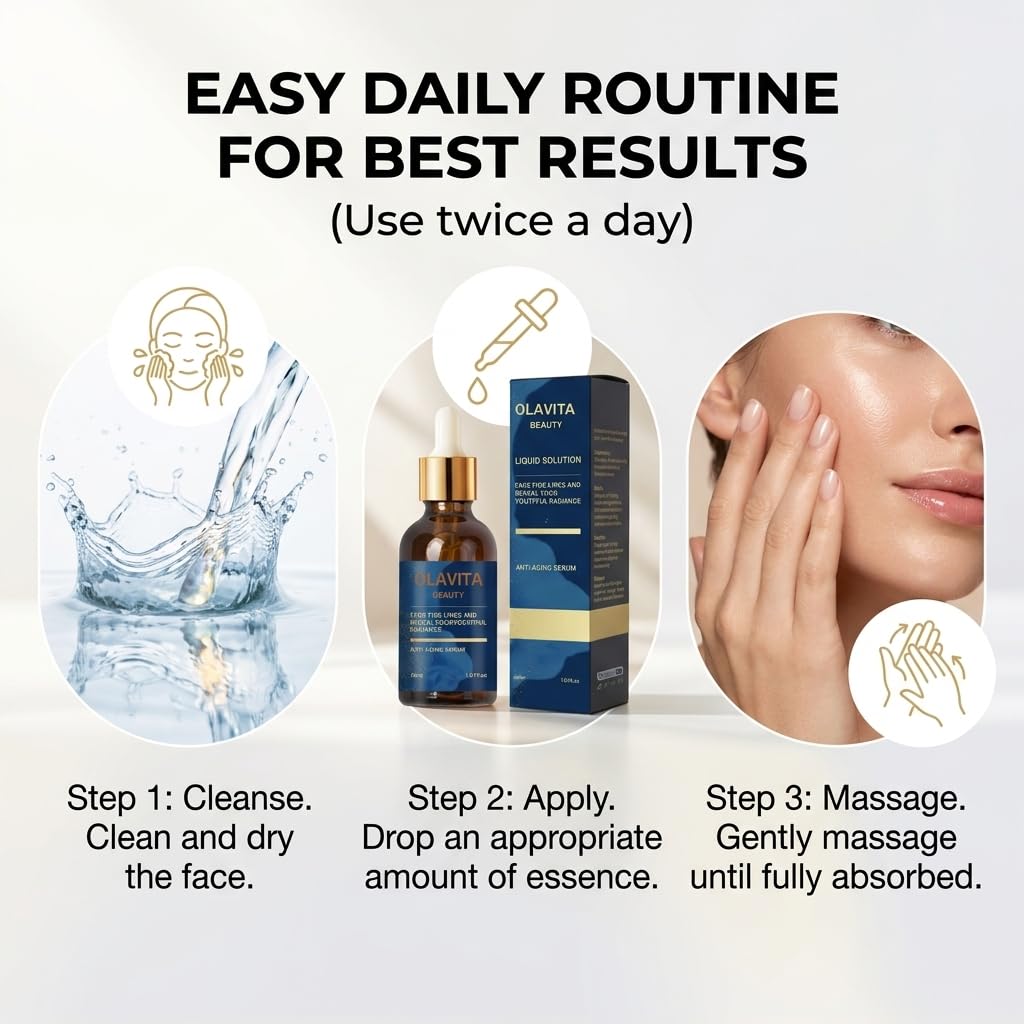 OLAVITA BEAUTY serum on bathroom counter in routine setting, everyday routine benefit