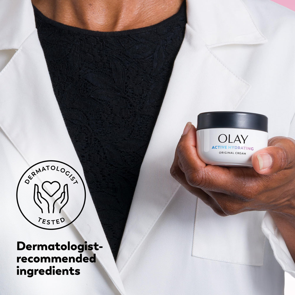 Olay product beside ingredient icons highlighting gentle formulation