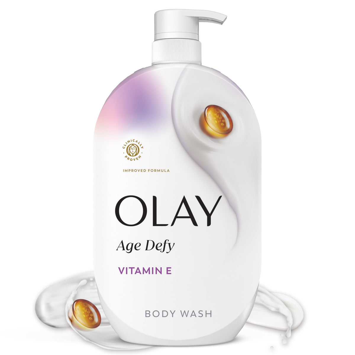 Olay front packaging showing Age Defy body wash and clear branding for easy identification and trust