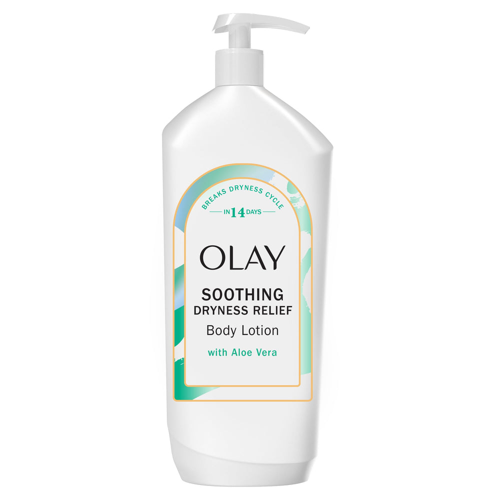 Olay front bottle displaying aloe scent and 18 fl oz for everyday hydration