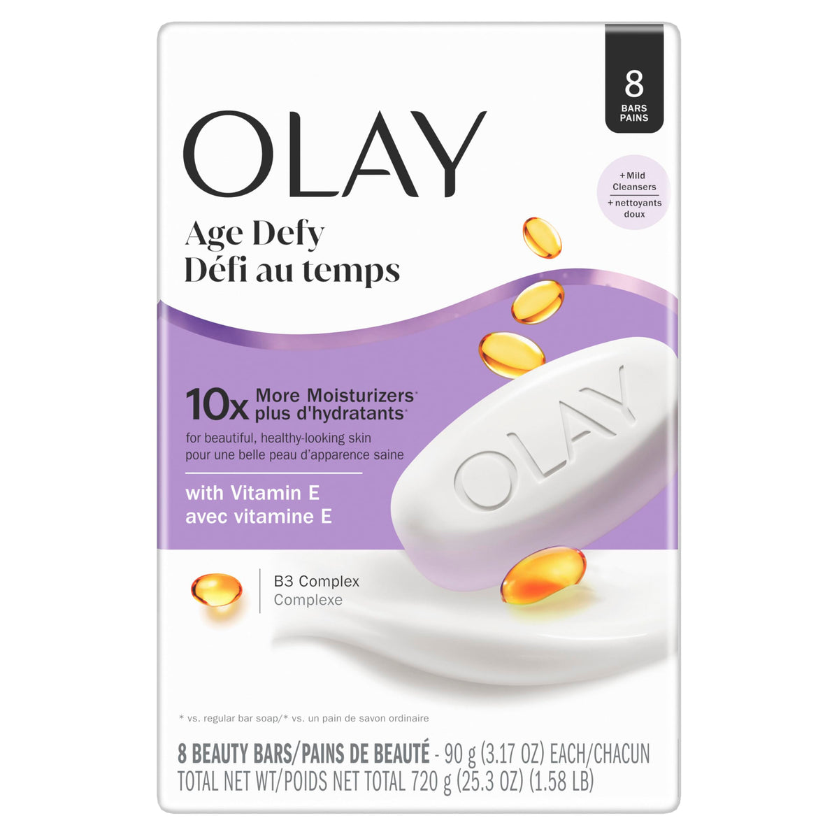 Olay front packaging showing pack of eight bars and clear product name benefits