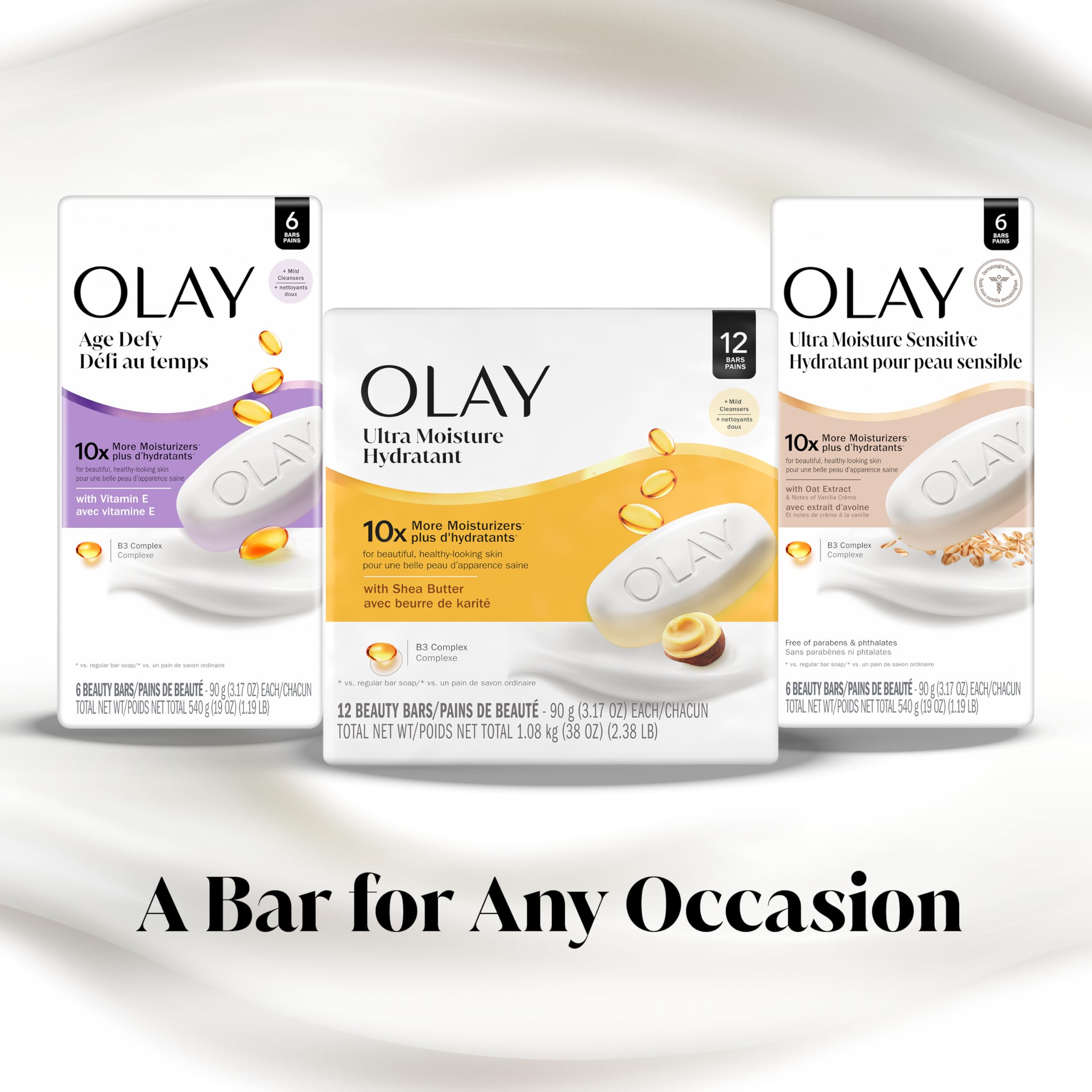 Olay beauty bar label nutrition and claims shows dermatologist-tested, paraben-free benefits