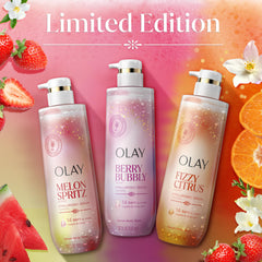 Olay surrounded by strawberries representing fruity vanilla aroma benefit