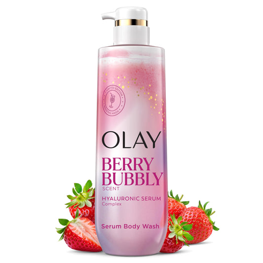 Olay front packaging showing bottle and Berry Bubbly scent benefit hydration