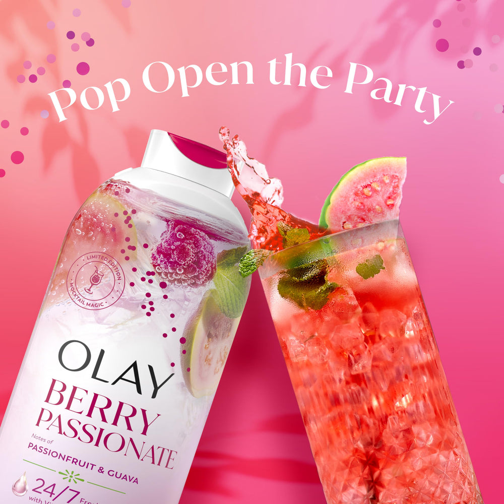 Olay bottle in shower setting conveying spa-like refreshment and uplift benefit
