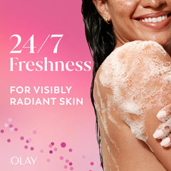 Olay glossy gel pouring to show creamy texture and gentle cleansing benefit