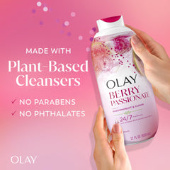 Olay bottle beside passionfruit and guava highlighting natural scent benefit