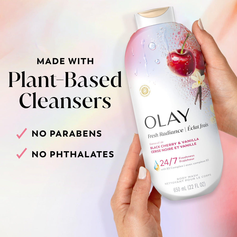 Olay black cherry and vanilla ingredients evoking fragrance notes