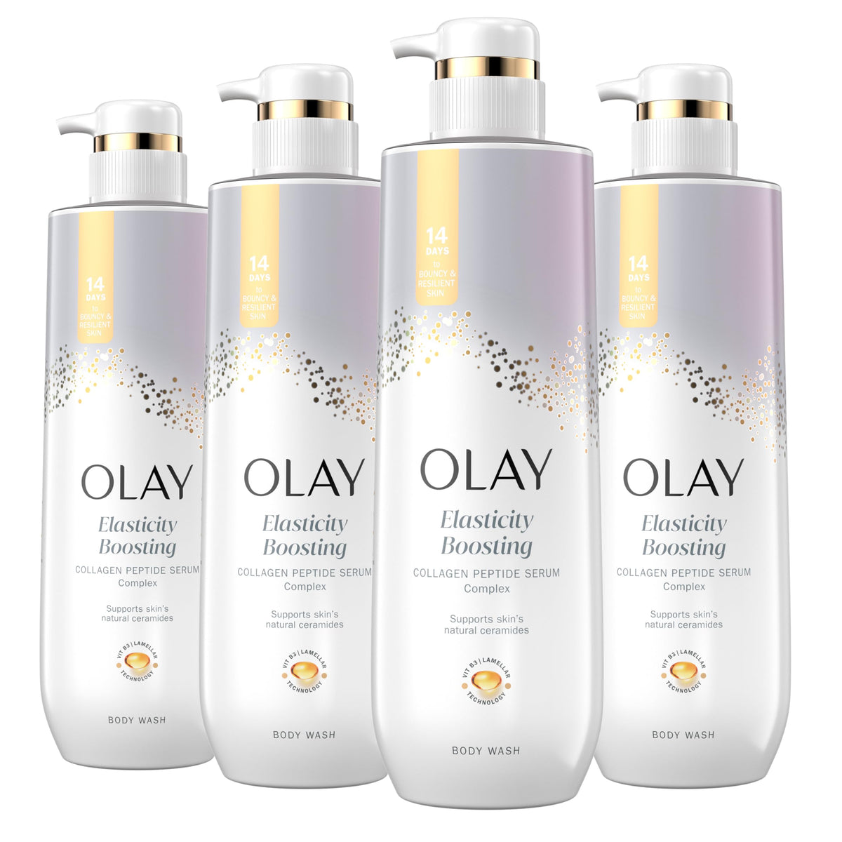 Olay bottle front packaging showing product and benefits