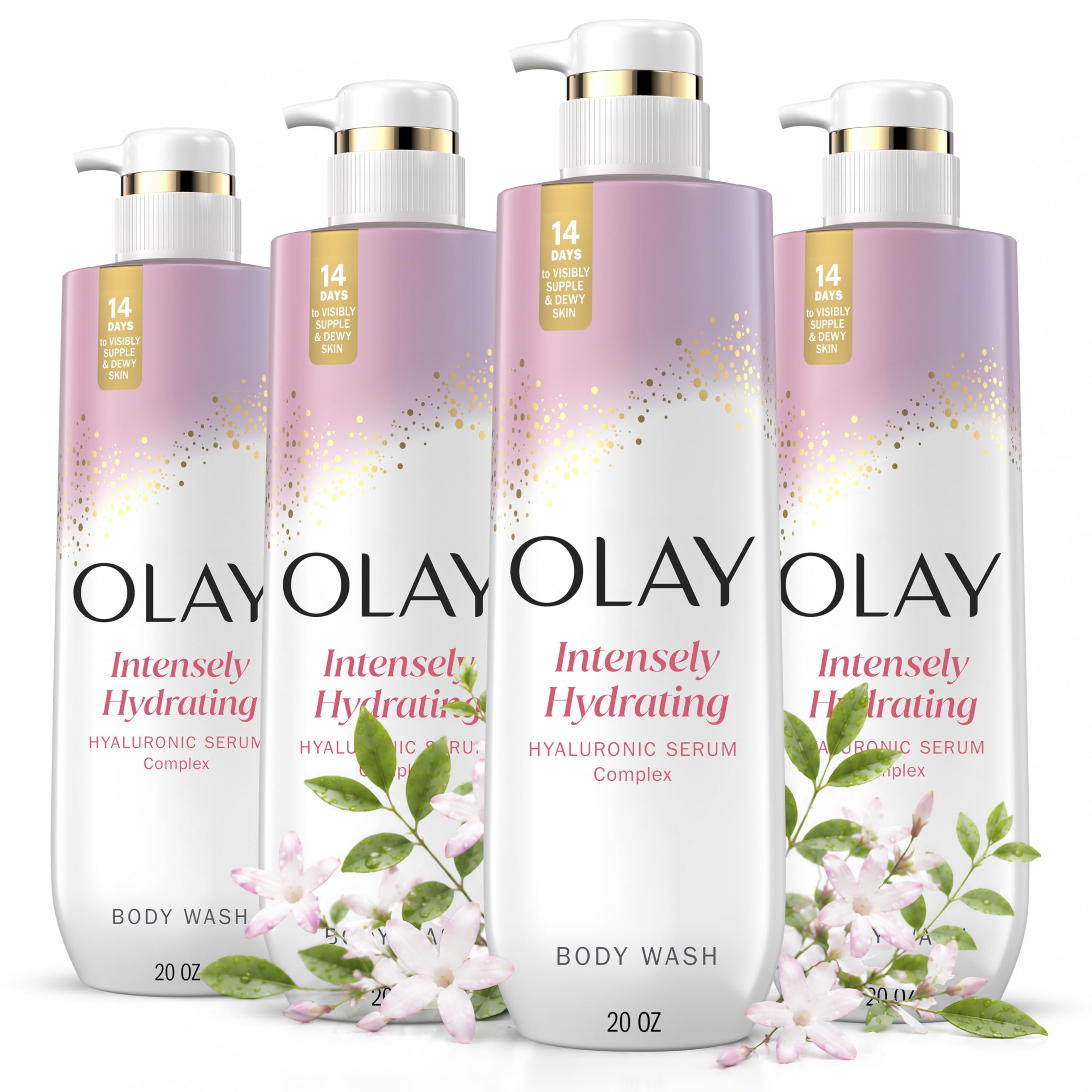 Olay front packaging showing bottle label and benefits for hydrated skin