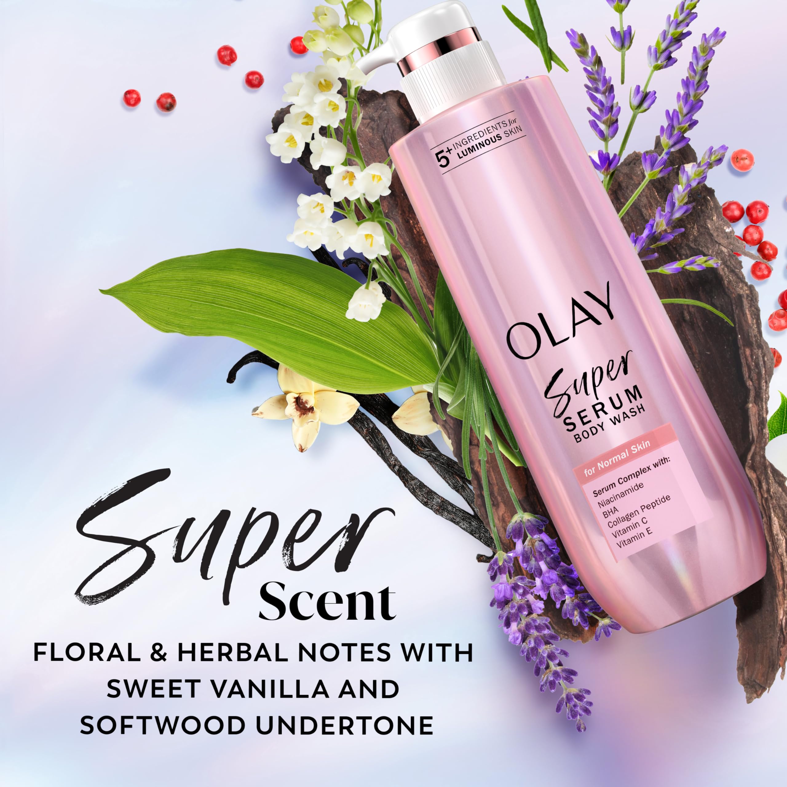 Olay body wash next to moisturizer suggesting post-shower routine