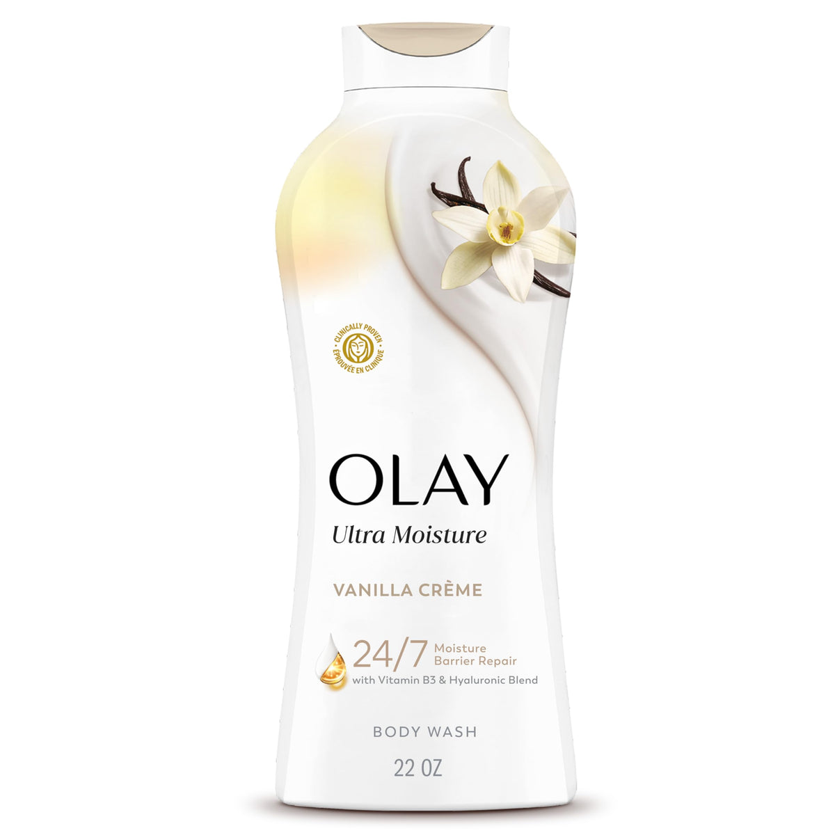 Olay body wash front bottle showing vanilla creme scent and hydration benefits