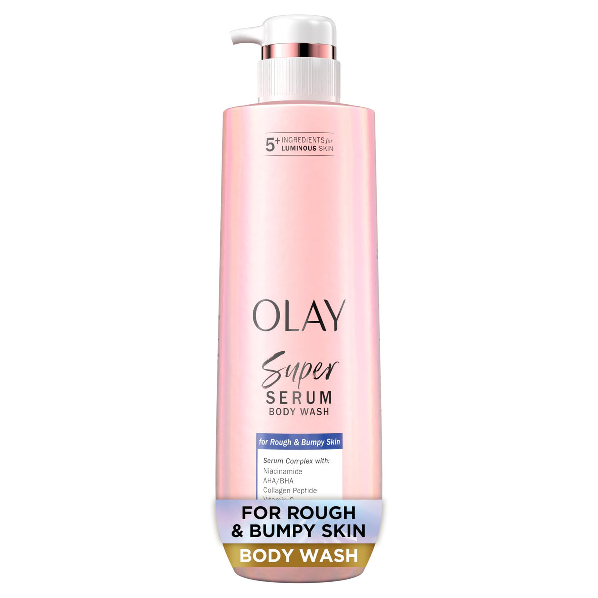 Olay bottle front view showing clean packaging and product benefit