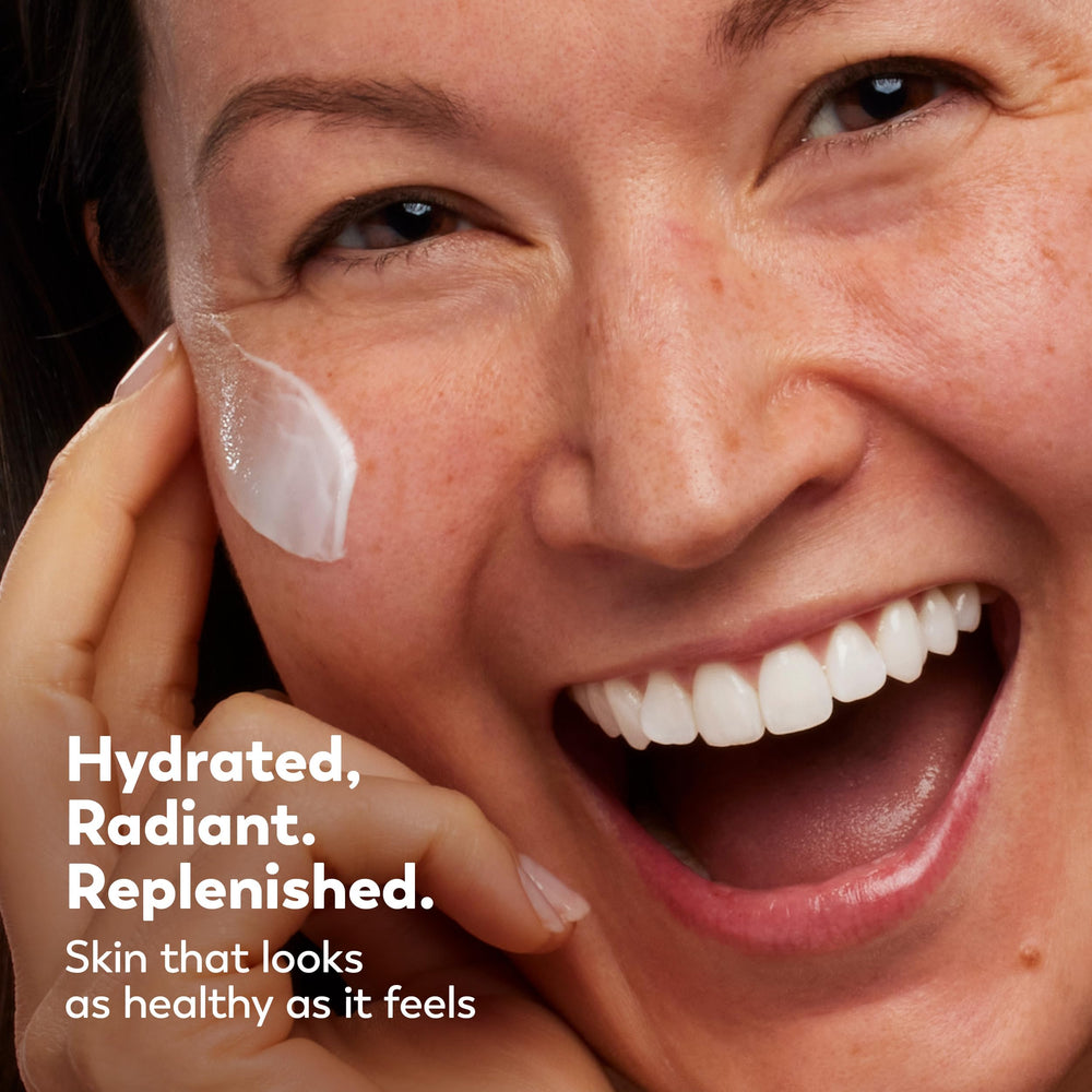 Olay bottle label detail highlighting ingredients and trusted decades-long benefit