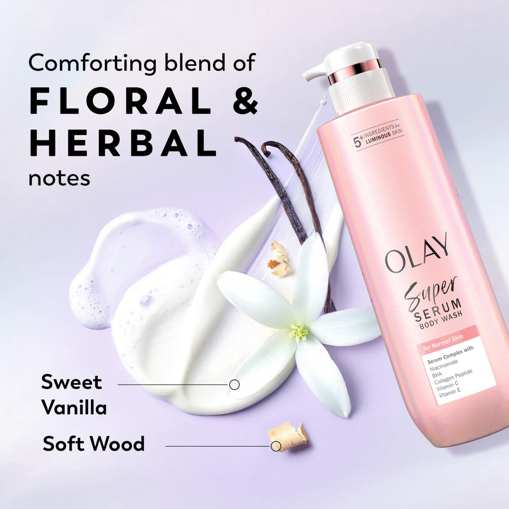 Olay bottle beside ingredient callouts showing active serum components