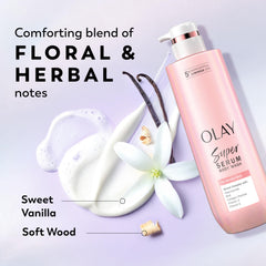 Olay bottle beside ingredient callouts showing active serum components