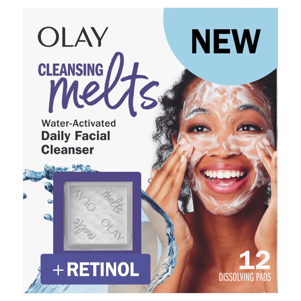 Olay front packaging showing cleansing melts and benefits