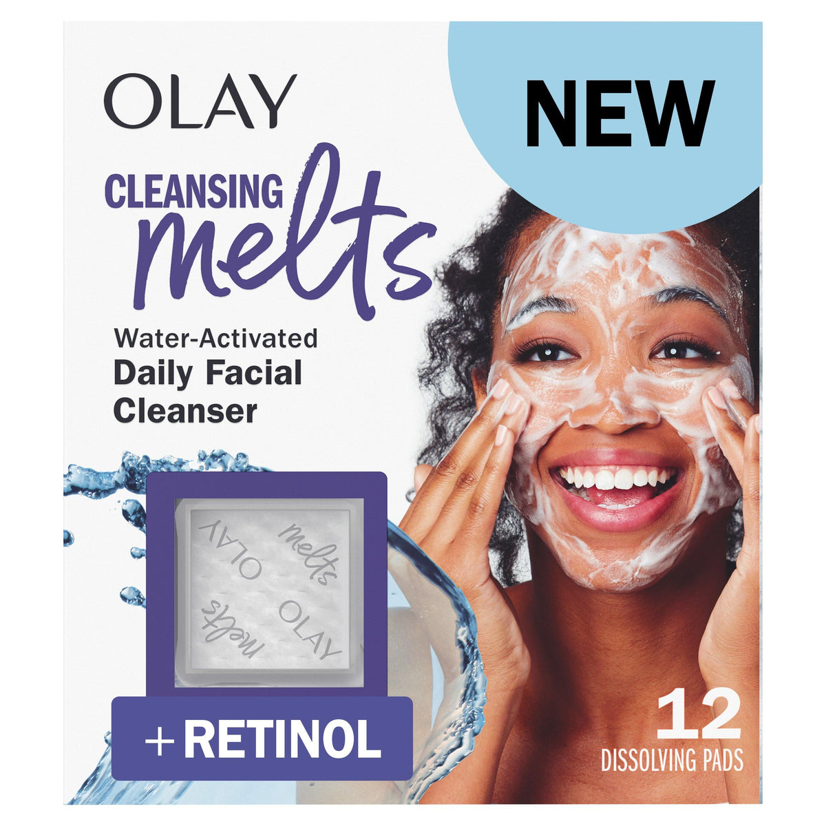 Olay front packaging showing cleansing melts and benefits