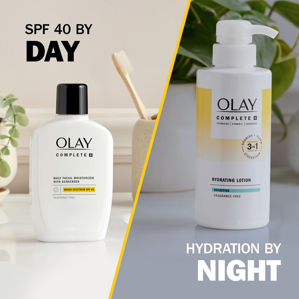 Olay bottle placed on a bathroom vanity conveying daily-use convenience