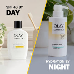 Olay bottle placed on a bathroom vanity conveying daily-use convenience