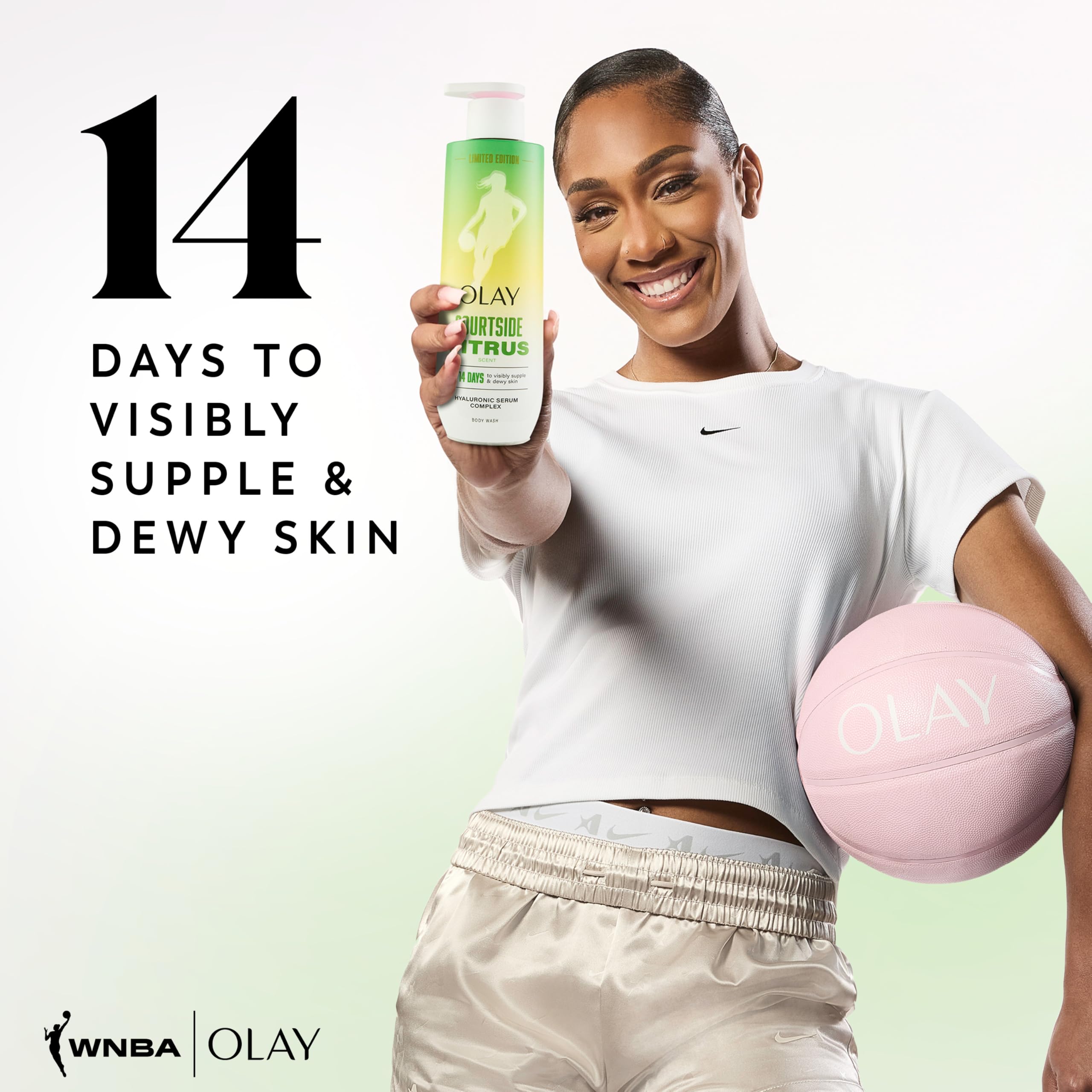Olay Court Queen being applied in shower showing immediate skin hydration