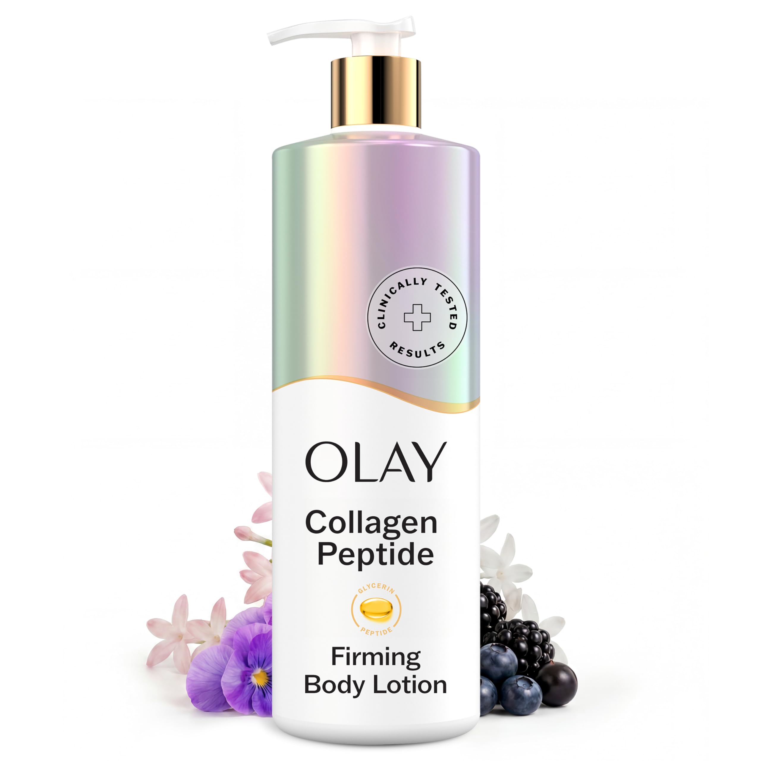 Olay firming body lotion front packaging shows product and 17 fl oz size benefit