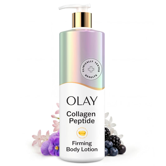 Olay firming body lotion front packaging shows product and 17 fl oz size benefit