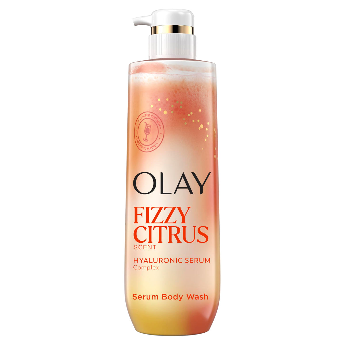 Olay bottle front view showing Fizzy Citrus hydrating body wash benefits
