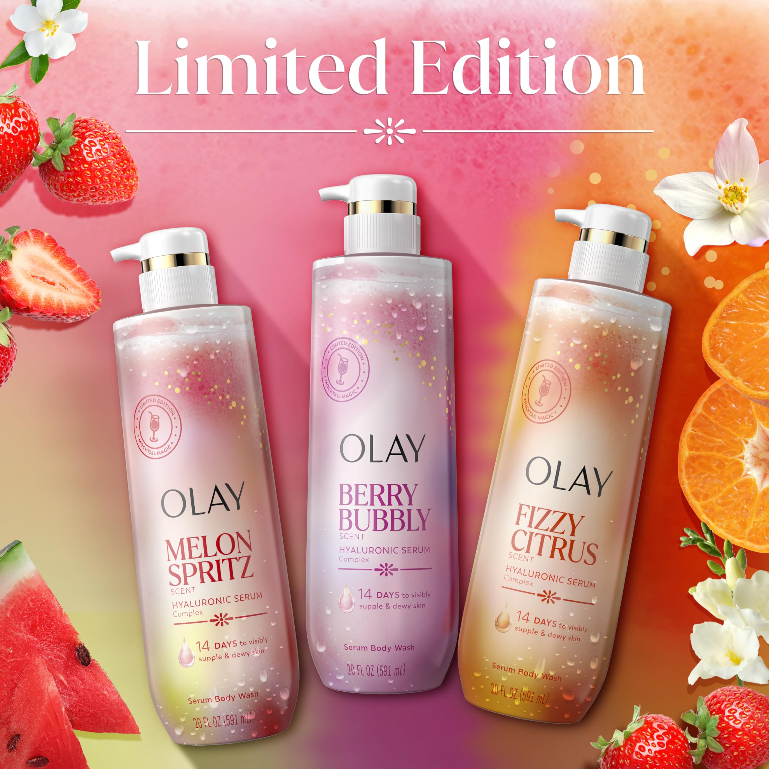 Olay body wash and serum lotion side-by-side for a full routine