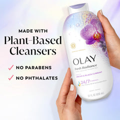 Olay 22 fl oz bottle shown next to hand for size comparison benefit