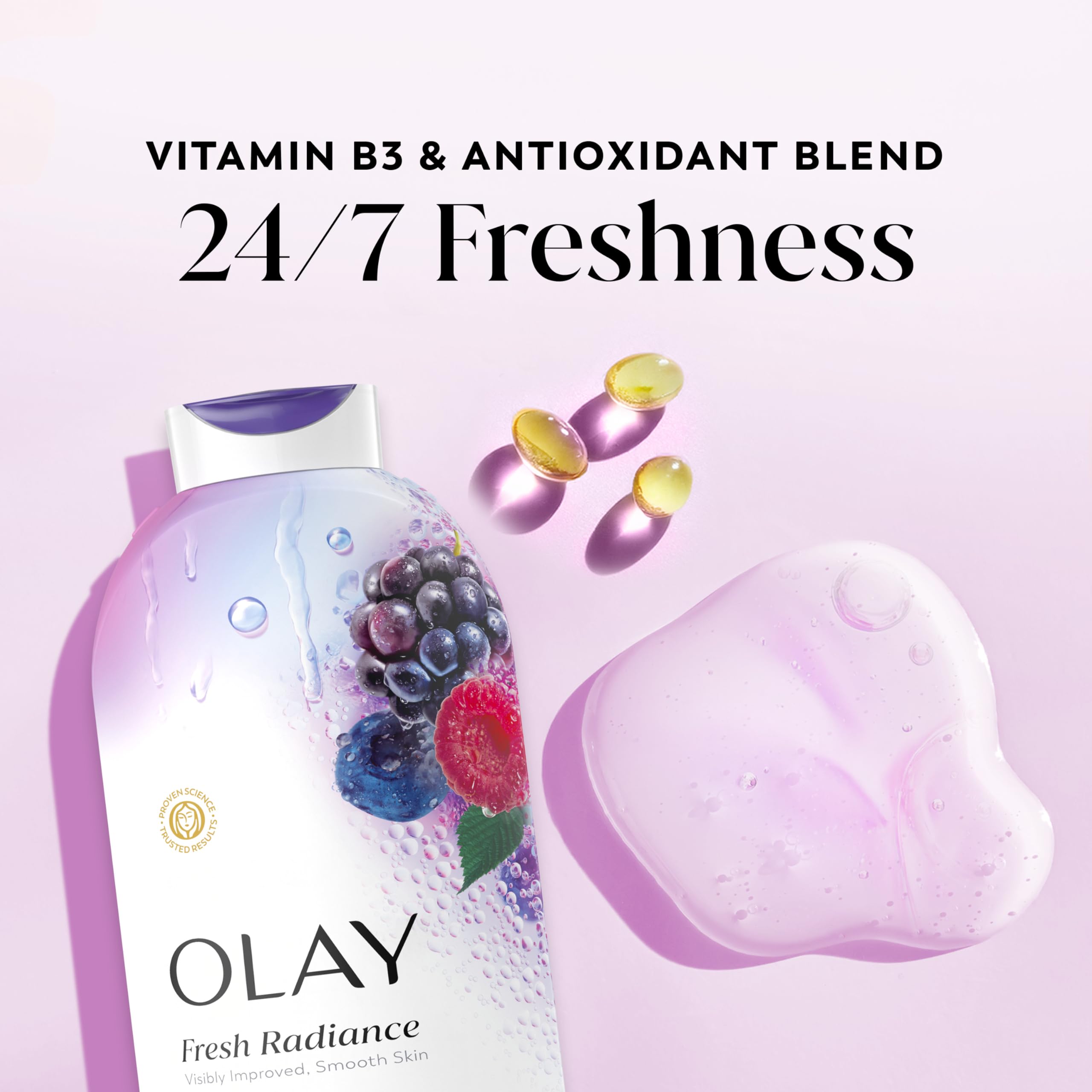 Olay 22 fl oz bottle beside hand for size comparison and value