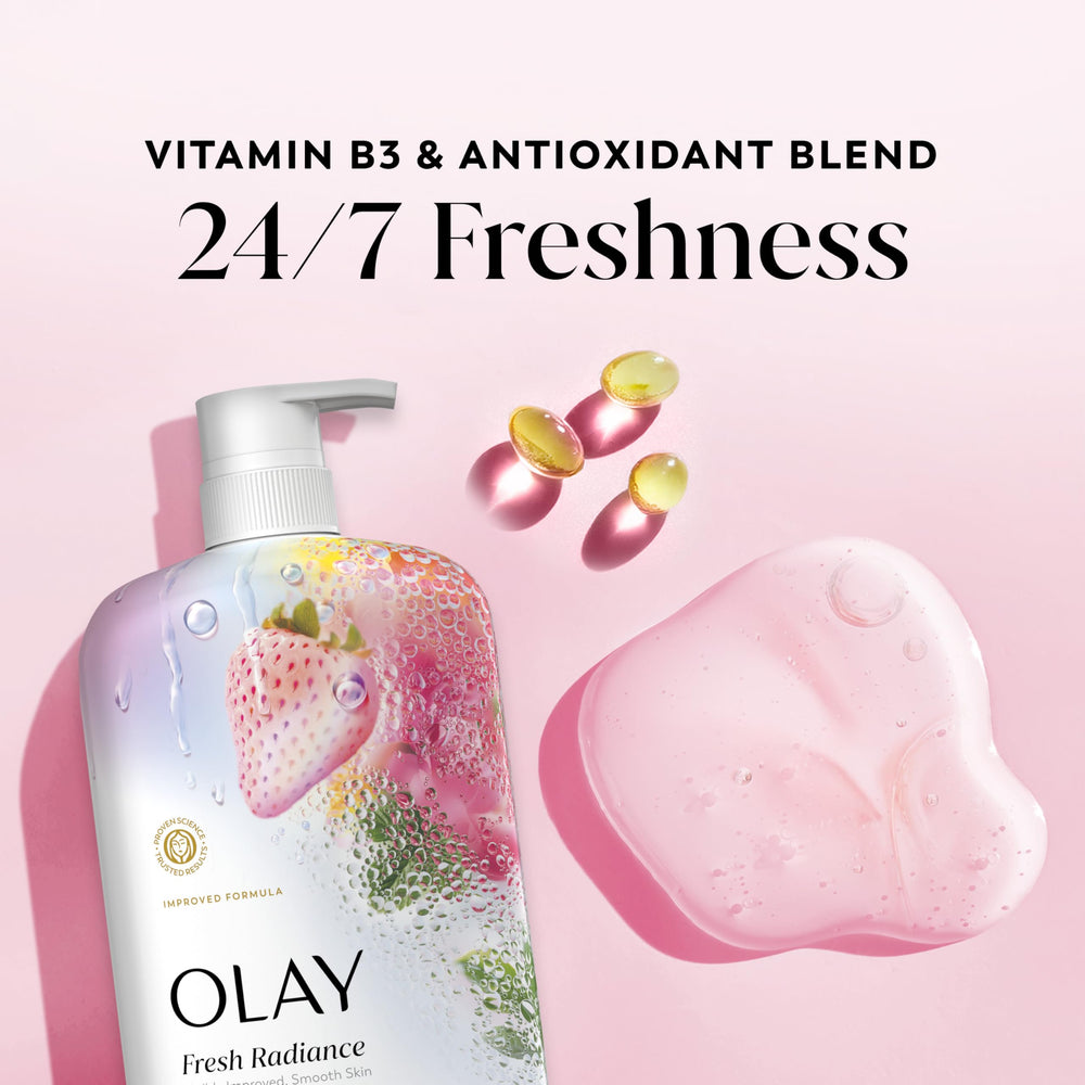 Olay Fresh Radiance 29 fl oz bottle next to ruler for size comparison