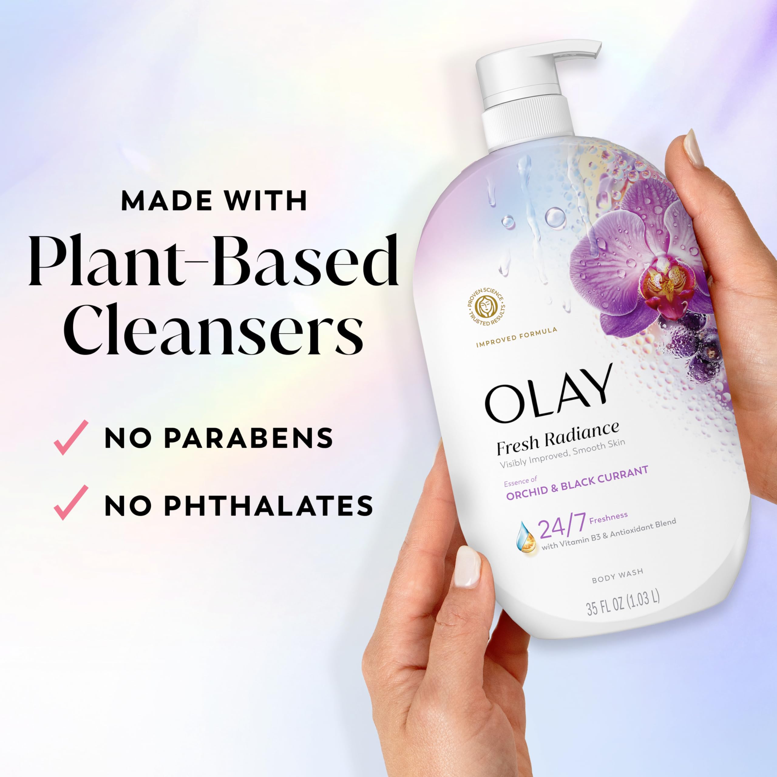 35 fl oz Olay bottle beside common items to show Olay size