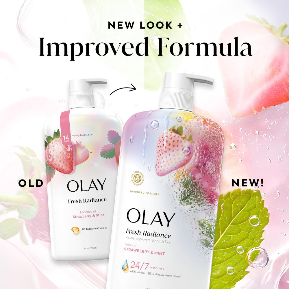 Olay Fresh Radiance bottle on bathroom shelf conveying everyday accessibility