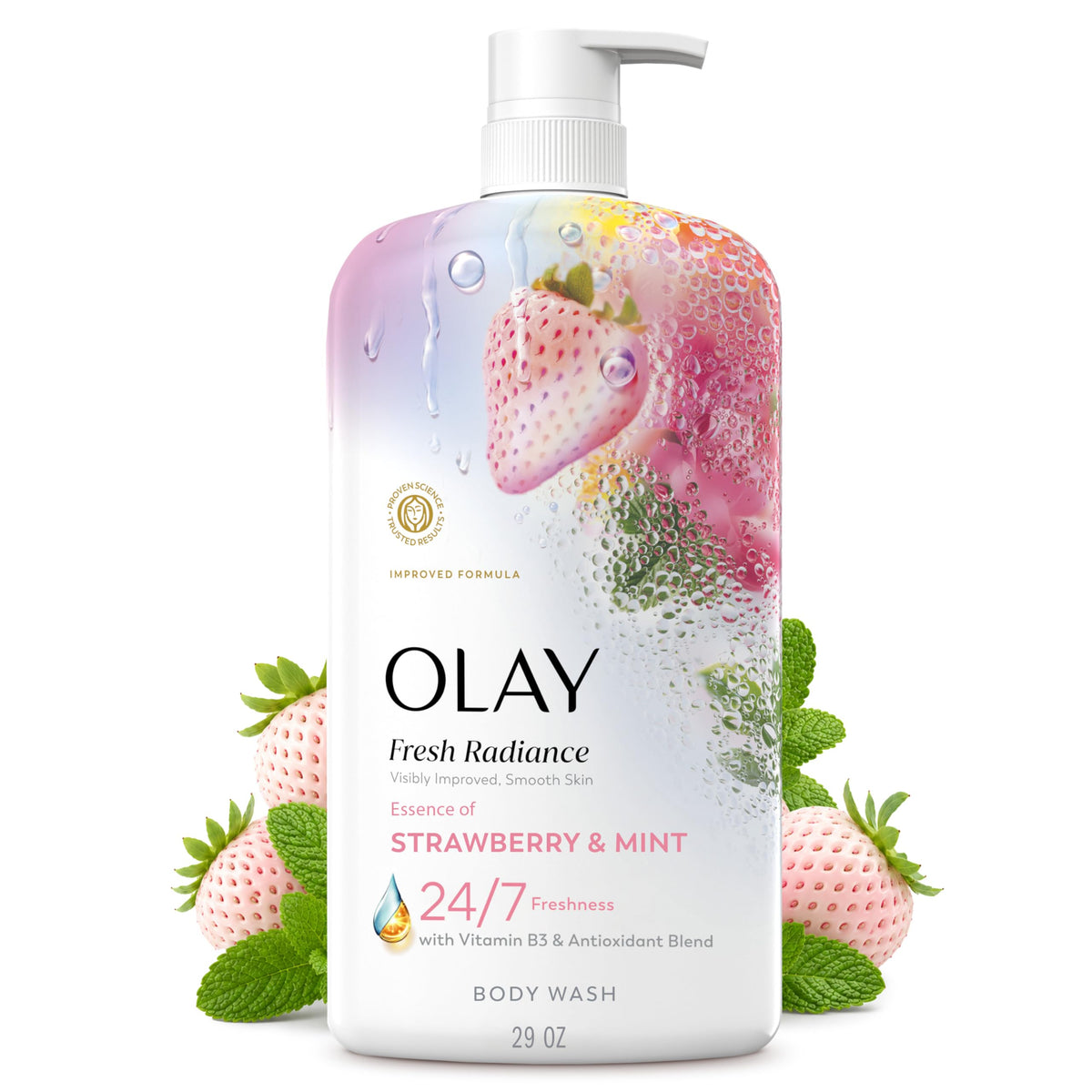Olay Fresh Radiance front bottle shows product and fragrance benefits